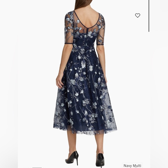 TERI JON TEA LENGTH EMBROIDERED TULLE COCKTAIL DRESS SIZE 16 NAVY - Picture 3 of 9